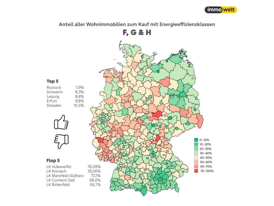 Karte von Deutschland mit einem Überblick über die Energieeffizienzklassen