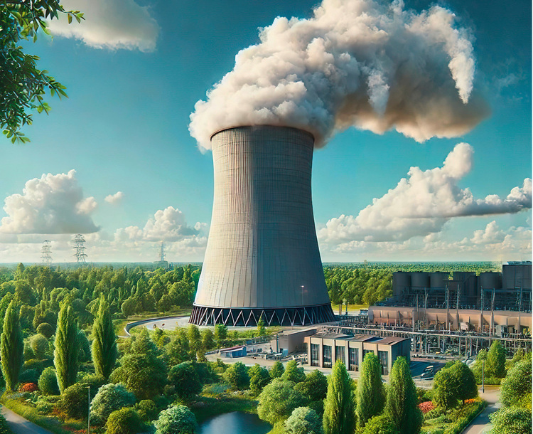 Ein großer Kühlturm stößt Dampf aus, umgeben von Grün unter einem blauen Himmel mit Wolken.