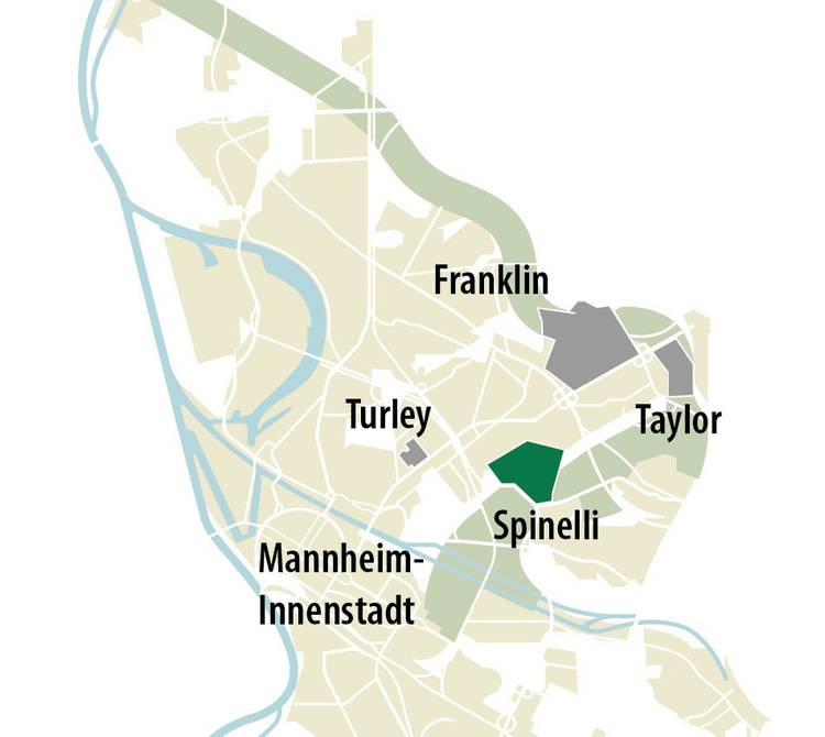 Alt-Text: „Karte der Gebäudetechnikregionen Mannheim mit hervorgehobenen Stadtteilen Franklin, Turley, Spinelli, Taylor und Innenstadt. Diese Areale sind zentrale Drehpunkte für Planer und Entscheider in den Bereichen Sanitär-, Heizungs- und Klimatechnik sowie erneuerbare Energien.