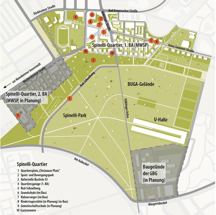 Alt-Text: „ Detaillierte Karte des Spinelli Quartiers mit geplanter Architekturentwicklung: Markierung von geplanten Gebäuden, einem zentralen Parkbereich, Straßenverläufen und wichtige Orientierungspunkte für Fachleute der Gebäudetechnikbranche.