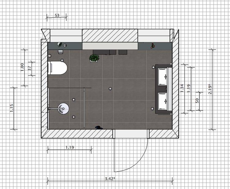 Alt-Text: „Detailreicher Grundriss eines energieeffizienten Badezimmers mit barrierefreien Designelementen, darunter begehbare Dusche, wandmontierte Toilette, ergonomisches Waschbecken und stilvolle Begrünung – optimal für SHK-Planer und Facility Manager.“.