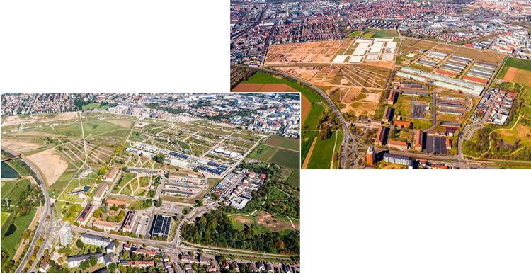 Vogelperspektive auf ein urbanes Gebiet mit integrierter Gebäudetechnik: Effiziente Heizungs- und Klimalösungen, nachhaltige Energiekonzepte und moderne Gebäudehüllen in einem städtischen Umfeld.