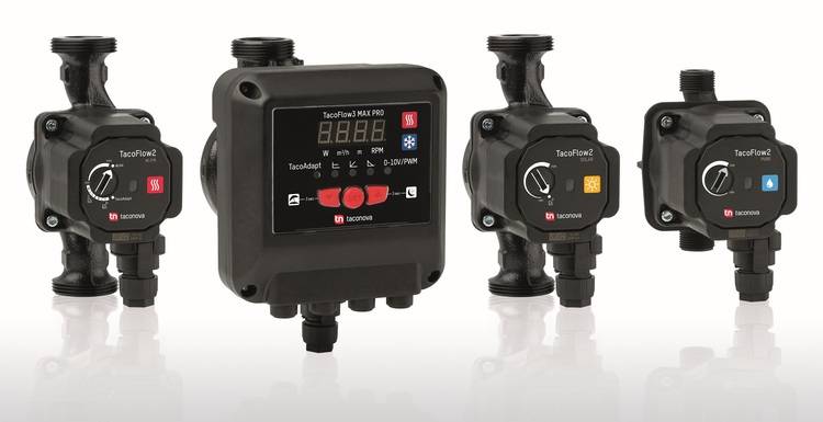 ALT-Text: Vier schwarze elektronische Durchflussmesser mit digitalen Anzeigen und Steuerrädchen, die für präzise Messungen in der Heizungs-, Klima- und Sanitärtechnik optimiert sind.