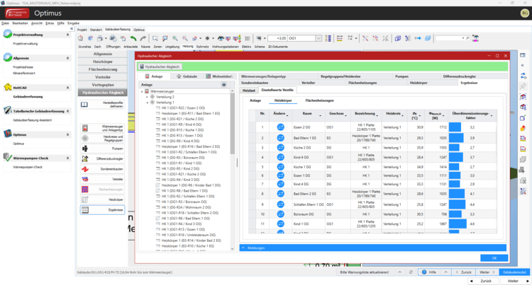 Alt-Text: „Ein Computerbildschirm zeigt spezielle Gebäudemanagement-Software mit offenen Fenstern, die Datenbanken und technische Optionen zur Optimierung der Energieeffizienz in Heizungs-, Lüftungs- und Klimatechniksystemen präsentieren.“.