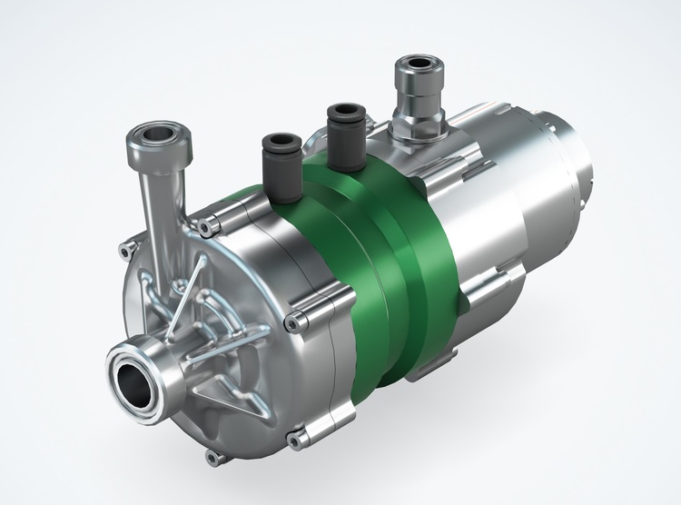 Industriepumpe in Silber und Grün mit mehreren Anschlüssen zur Optimierung von Energieeffizienz in Heizungs-, Lüftungs- und Klimatechniksystemen.