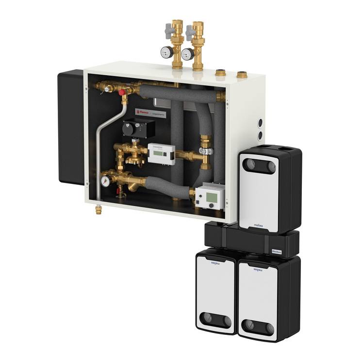 ALT-Text: „Komplexes Heizsystem mit präzisen Regelventilen, modernen Messinstrumenten und rechteckigen Steuermodulen für effiziente Gebäudeenergieverteilung.