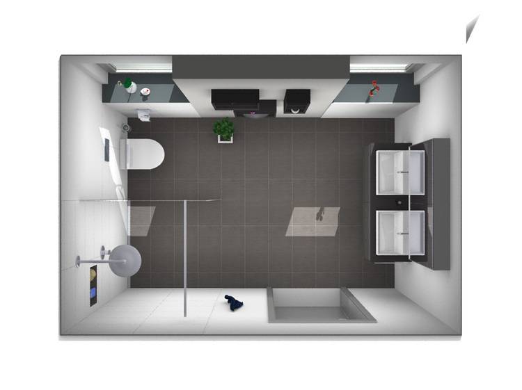 Alt-Text: „Moderne Badezimmerplanung mit Doppelwaschbecken, barrierefreier Dusche, wandhängendem WC und dunklen Bodenfliesen – geeignet für nachhaltige Gebäudetechnikprojekte mit Fokus auf Energieeffizienz und Nutzerkomfort.