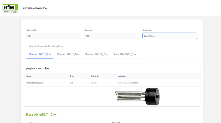 Darstellung einer Produktauswahlseite für Heizstäbe in der Gebäudetechnik mit Fokus auf ein bestimmtes Modell, einschließlich Spezifikationen wie Leistung, Energieeffizienzklasse und Material.