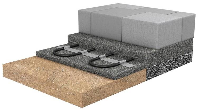 Alt-Text: „ Detaillierte Darstellung des Pflasteraufbaus mit Betonsteinen, Drainageschicht und Bewehrungsstäben für nachhaltige Oberflächenentwässerung in der Gebäudetechnik.