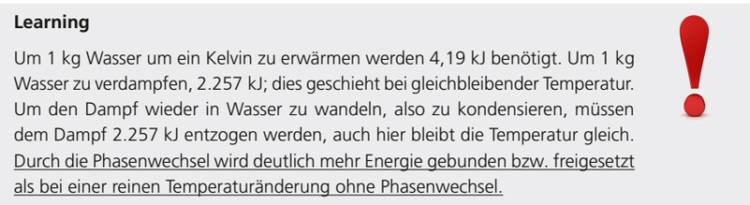 Diagramm zur Wärmemenge für Heizprozesse und Phasenwechsel von Wasser, mit rotem Ausrufezeichen zur Hervorhebung kritischer Energieaspekte in der Gebäudetechnik.