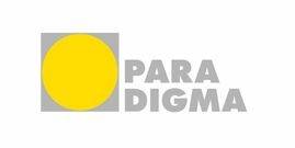 Alt-Text: "Logo des Unternehmens PARADIGMA: Gelber Kreis links, repräsentiert nachhaltige Heizlösungen, mit grauem Schriftzug 'PARADIGMA' rechts stehend für innovative Gebäudetechnik.