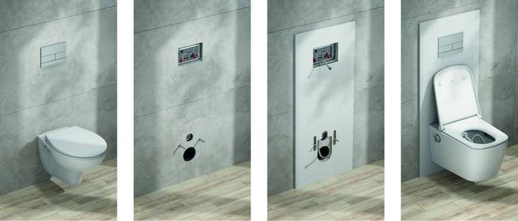 Alt-Text: „ Detaillierte Montageanleitung für ein wandhängendes WC auf gefliester Wand und Holzfußboden, einschließlich Befestigungselementen, Wasserversorgung und Abflussanschluss, zur Unterstützung von Fachhandwerkern und TGA-Planern bei der Umsetzung energieeffizienter Sanitärlösungen.