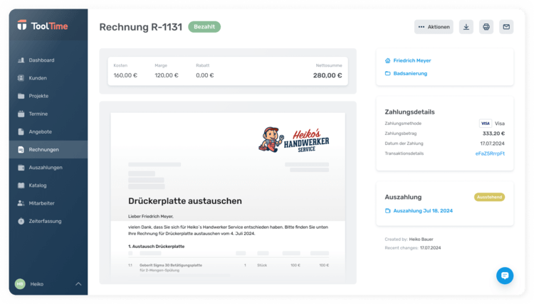 Alt-Text: „Digitales Rechnungsinterface von Helko's Handwerker Service mit Fokus auf Zahlungsinformationen, optimiert für SHK-Betriebe und TGA-Planer zur Effizienzsteigerung im Gebäudetechnikmanagement.