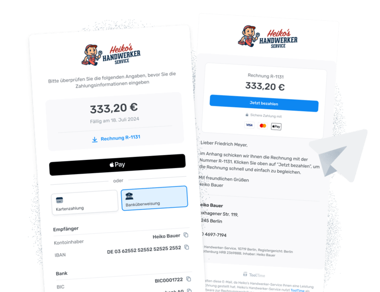 Alt-Text: „Digitale Rechnungsansicht mit verschiedenen Zahlungsoptionen, darunter Apple Pay und Banküberweisung, von ‚Heiko’s Handwerker Service‘ – zeigt Technologieintegration im Handwerksservice für verbesserte Geschäftsprozesse in der Gebäudetechnikbranche.