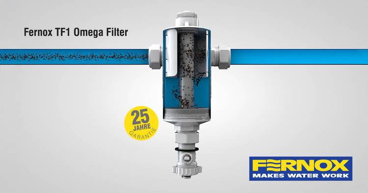ALT-Text: „ Detaillierte Illustration des Fernox TF1 Omega Filters, das den Wasserfluss sowie die Filtration von Partikeln in einem Heizsystem zeigt, ergänzt um ein Badge für 25 Jahre Garantie, ideal für Entscheider und Fachleute in der Gebäudetechnik.
