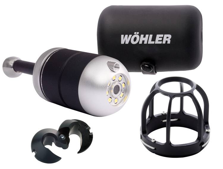 ALT-Text: „Wöhler Inspektionskamera mit LED-Beleuchtung, Schutzkäfig und robustem Transportkoffer – ideal für SHK-Fachhandwerker zur Wartung und Inspektion von schwer zugänglichen Gebäudetechnikbereichen.
