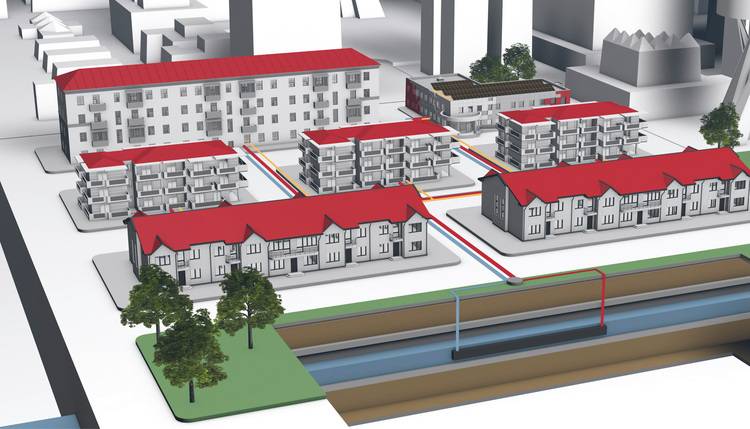 Digitale Darstellung eines modernen Wohnkomplexes mit energieeffizienten Gebäuden, rotem Dach und umgebender Landschaft; hervorhebend die unterirdischen Leitungen für fortschrittliche Heizungs-, Lüftungs- und Klimatechnik.
