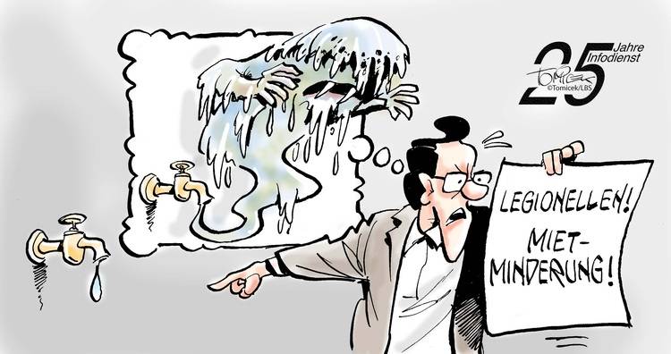 Alt-Text: „Illustration eines Mannes, der auf ein Schild über Legionellen und Mietminderung zeigt, während eine geisterhafte Figur aus einem Wasserhahn erscheint. Darstellung der Risiken durch Legionellen in Wassersystemen und deren Auswirkungen auf Immobilienbewertungen.