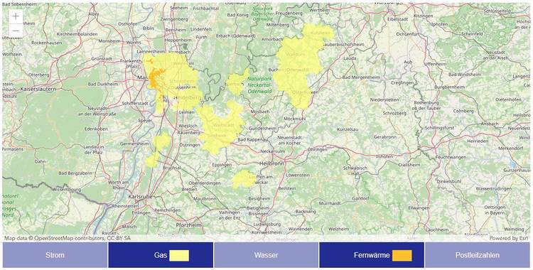 Alt-Text: „ Detaillierte Karte mit gelben Markierungen, die Regionen mit bestehendem Gasnetz hervorheben, relevant für Entscheider in der Gebäudetechnik zur Planung von Sanitäreinrichtungen und Heizlösungen.