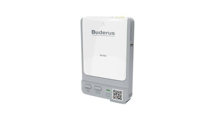 ALT-Text: „Graues Buderus MX400 Heizungsregelgerät mit Bedienelementen und QR-Code für erweiterte Konnektivitätsoptionen, geeignet zur Integration in energieeffiziente Gebäudeleitsysteme.