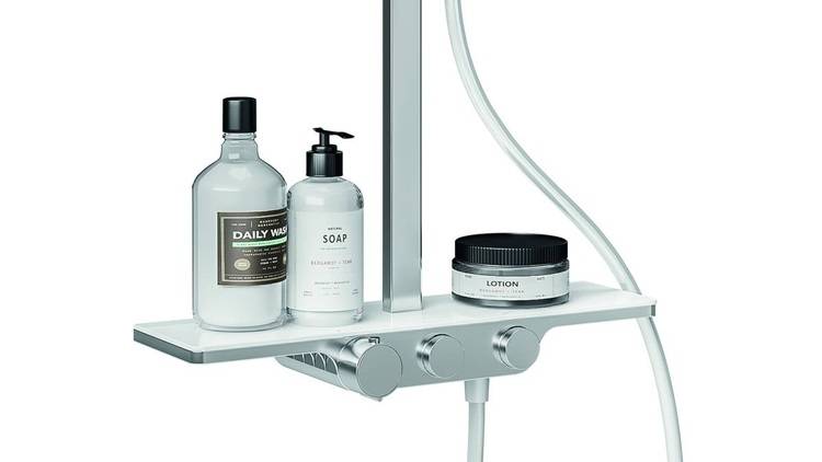 Modernes Duschregal mit barrierefreiem Zugang, ausgestattet mit täglichen Waschutensilien, Seifen- und Lotionsspendern, montiert unter Brausenschlauch und Bedienfeld, optimiert für energieeffizientes Bauen.