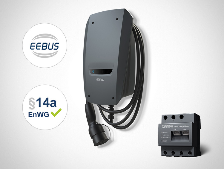 Alt-Text: „Nahaufnahme einer Ladestation für Elektrofahrzeuge mit Beschriftungen zu EEBUS und §14a EnWG, neben einem intelligenten Energiemessgerät. Diese Technologieintegration zeigt Lösungen zur Energieoptimierung und Netzlaststeuerung für Fachplaner und Entscheider in der Gebäudetechnik.