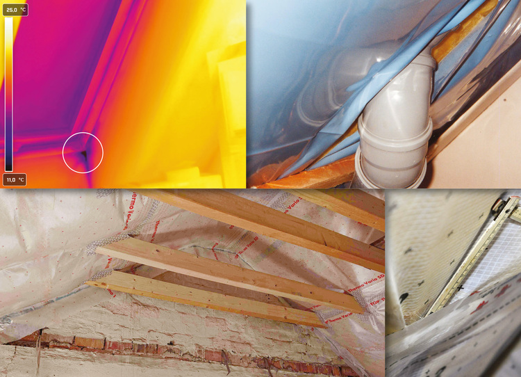 „Thermografie- und Sichtaufnahmen eines Dachbodens, die die Effizienz der Dämmmaßnahmen durch deutliche Temperaturunterschiede und verbesserte Abdichtungen für Fachleute in der Gebäudetechnik verdeutlichen.