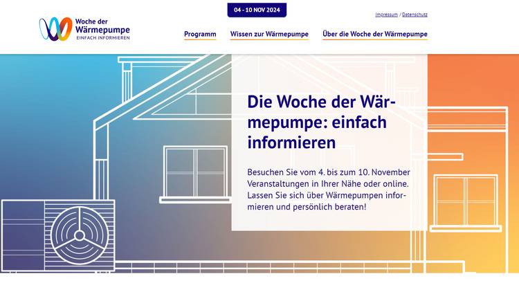 Alt-Text: „Illustration eines Gebäudetechnik-Szenarios mit einer Wärmepumpe, begleitet von Informationen zur ‚Woche der Wärmepumpe‘ vom 4. bis 10. November 2024, einem wichtigen Branchenevent für SHK-Fachleute und TGA-Planer, das innovative Lösungen in der Heizungsanlage - und Klimatechnik präsentiert.“.