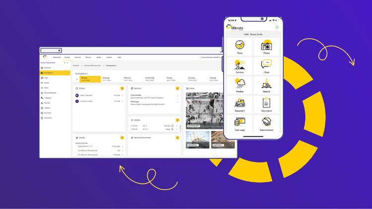 Benutzeroberfläche einer digitalen Plattform für Gebäudetechnik auf einem Computer und Smartphone, die Tools zur Steuerung von HVAC-Systemen und Energieeffizienzlösungen zeigt, vor einem lila Hintergrund mit gelben Akzenten.