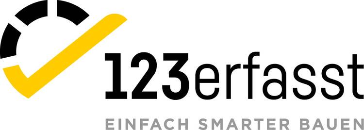 ALT-Text: "123erfasst Logo mit gelbem Häkchen, begleitet vom Slogan 'Einfach smarter bauen', symbolisiert innovative Lösungen für effizientes Projektmanagement in der Gebäudetechnikbranche.