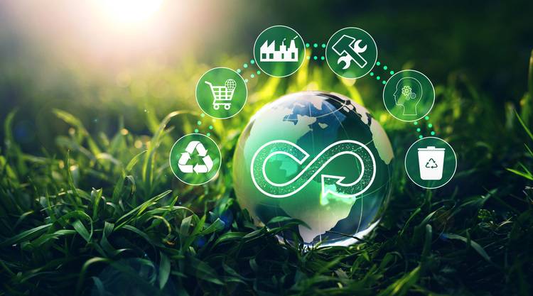 Ein Globus auf einer Wiese mit Symbolen für erneuerbare Energien und nachhaltige Gebäudetechnik, darunter Recycling und grüne Industrielösungen, die zukunftsorientierte Strategien für Entscheider in der Gebäudetechnikbranche darstellen.