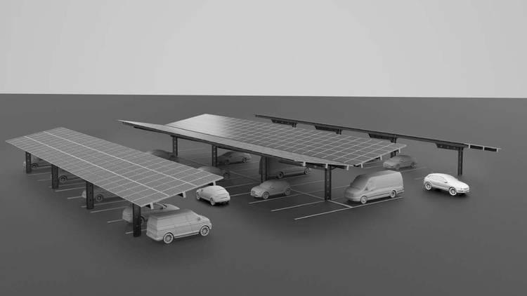 Alt-Text: "3D-Modell eines Solar-Carports mit integrierten Solarpaneelen für eine nachhaltige Energieversorgung, unter dem mehrere Fahrzeuge auf einer ebenen Fläche geparkt sind – Lösung zur Förderung von Energieeffizienz in der modernen Gebäudetechnik.