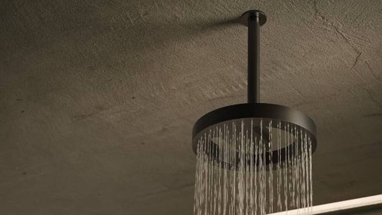 Alt-Text: „Deckendusche mit wassersparender Technologie in modernen Badezimmern, optimal für nachhaltige Gebäudeplanung und energieeffiziente Sanitärlösungen.