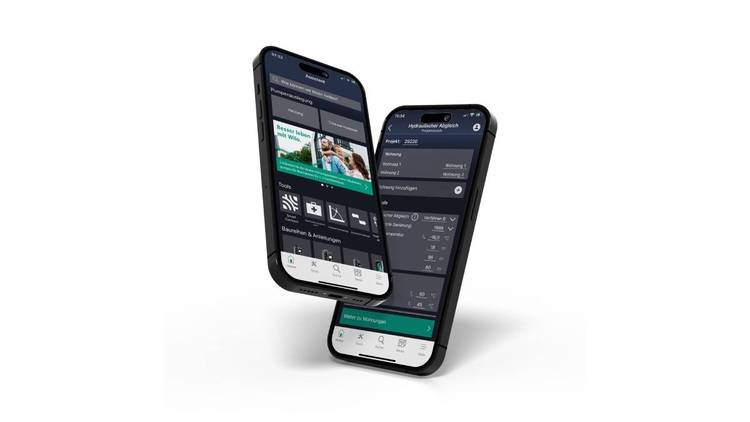 Alt-Text: „Zwei Smartphones zeigen eine benutzerfreundliche mobile Anwendung zur Steuerung von Heizungs-, Lüftungs- und Klimaanlagen mit Optionen für Energieeffizienz-Einstellungen und Systemüberwachung.“.