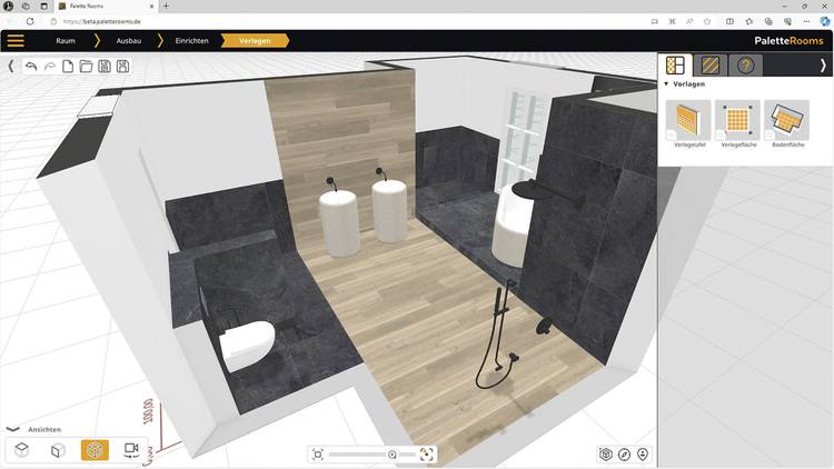 Alt-Text: „Benutzeroberfläche einer 3D-Planungssoftware für Badezimmer, die eine moderne Badezimmergestaltung mit zeitgemäßen Holztexturen zeigt, ideal für SHK-Fachplaner und Architekten.“.