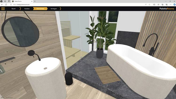 Barrierefreies, modernes Badezimmer mit einer bodentiefen weißen Badewanne, einem runden Spiegel sowie grünen Pflanzen auf einer dunklen Steinplattform; geeignet für Gebäudetechnikentscheider im Bereich Sanitärplanung und energieeffizientes Bauen.