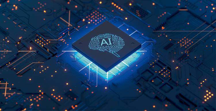 ALT-Text: „Detailaufnahme eines leuchtenden AI-Mikrochips auf einer Leiterplatte mit blauer und orangefarbener Schaltungstechnologie, symbolisiert fortschrittliche Automatisierung und intelligente Steuerung in der Gebäudetechnik.