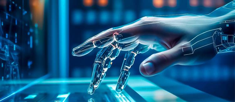 ALT-Text: „Roboterhand steuert ein digitales Gebäudeleitsystem in einer futuristischen Gebäudetechnikumgebung.