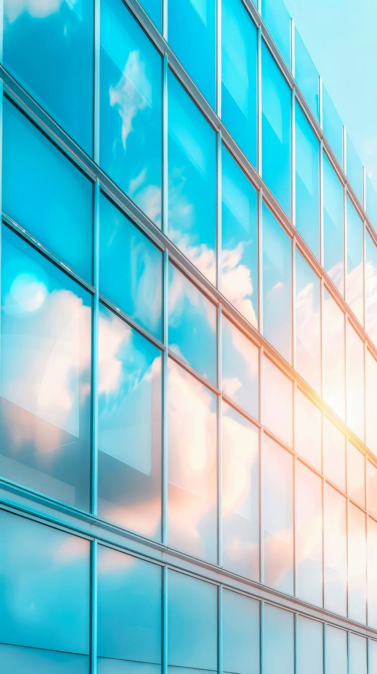 Moderne Glasfassade eines Gebäudes mit hoher Energieeffizienz reflektiert, Sonnenlicht und Wolken; symbolisiert nachhaltige Architektur in der Gebäudetechnik.