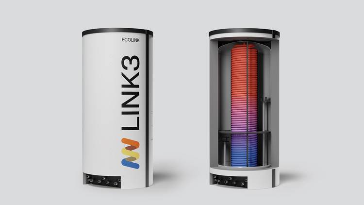 ALT-Text: „Zwei zylindrische LINK 3 Geräte mit farbigen internen Komponenten, die für moderne Sanitär-, Heizungs- und Klimatechniklösungen in Gewerbe- und Wohngebäuden entwickelt wurden.