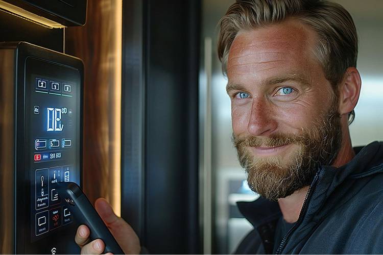 Ein Ingenieur in professioneller Kleidung bediente ein modernes digitales Steuerungspanel für Gebäudetechnik mit leuchtenden Symbolen zur Optimierung von Energieeffizienz und Systemintegration.