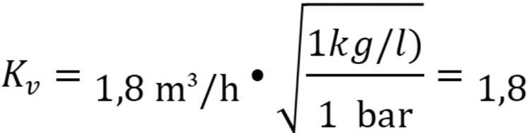 Alt-Text: "Diagramm zur Bestimmung des kv-Wertes in der Gebäudetechnik: Darstellung der Gleichung Kv = 1,8 m³/h * √(1 kg/l / 1 bar), illustriert die Durchflussrate bei spezifischen Bedingungen.