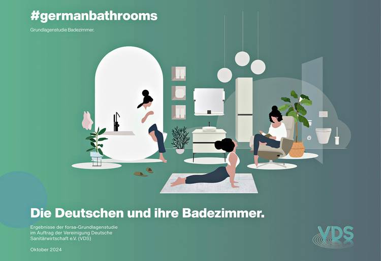 ALT-Text: „Illustration einer modernen Badezimmerinstallation mit barrierefreien Armaturen, eleganten Pflanzen und zeitgemäßer Dekoration. Personen demonstrieren die Nutzung, während ein deutsches Textfeld über eine Studie zur energieeffizienten Sanitärtechnik informiert.“.