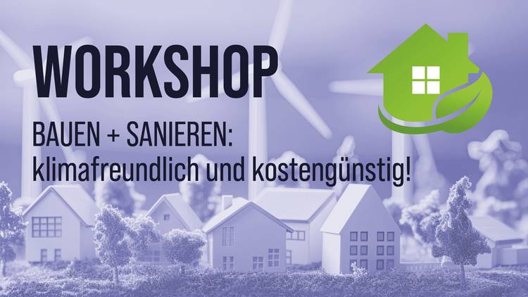 „Symbolbild für klimafreundliches und kostengünstiges Bauen und Sanieren: Grünes Haus mit Windturbinen im Hintergrund zur Darstellung erneuerbarer Energien in der Gebäudetechnik.