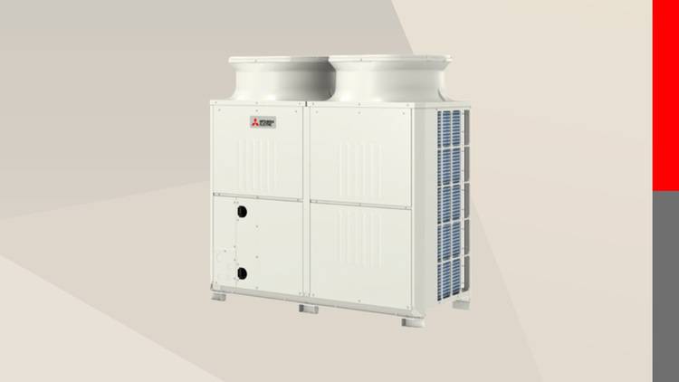 Alt-Text: „Moderne gewerbliche Klimaanlage mit energieeffizientem Design, geeignet für Bürogebäude und Industrieanlagen, auf weißem Hintergrund mit rotem Akzentstreifen.