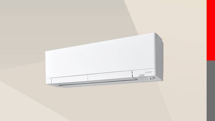 Moderne wandmontierte Klimaanlage vor geometrischer Hintergrundkulisse in Beige, Grau und Rot, ideal für energieeffiziente Kühlung und Heizlösungen in gewerblichen Gebäuden.