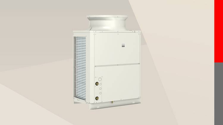 Großes weißes HVAC-System in industrieller Ausführung, das effiziente Heizungs-, Lüftungs- und Klimatechnik für moderne Gebäudeanwendungen präsentiert, vor einem beige-roten Hintergrund.