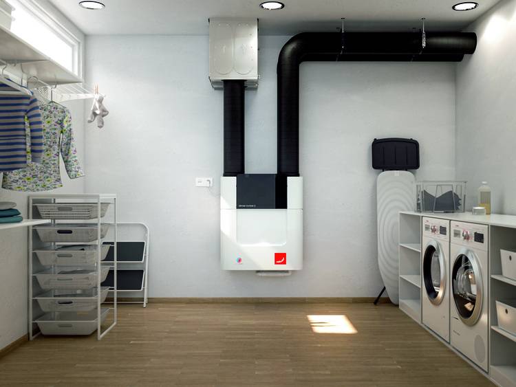 „Moderner Technikraum mit energiesparender Waschmaschine und Trockner, effizientem Lüftungssystem zur Feuchtigkeitsregulierung sowie Regalen für Lagerung. Optimierte Anordnung für maximalen Energieeinsatz in der Gebäudetechnikbranche.