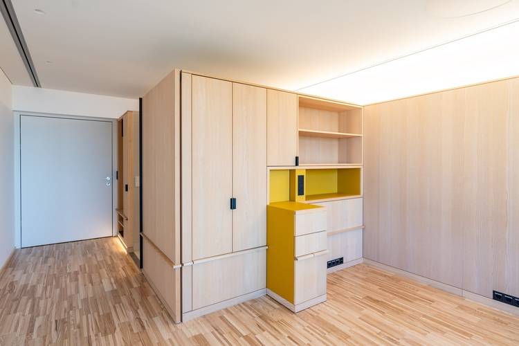 „Moderner Technikraum mit energieeffizienten Holzverkleidungen, geschlossener Tür und natürlicher Lichteinwirkung. Hervorgehoben werden innovative SHK-Komponenten und ein dezenter Farbakzent in Gelb.