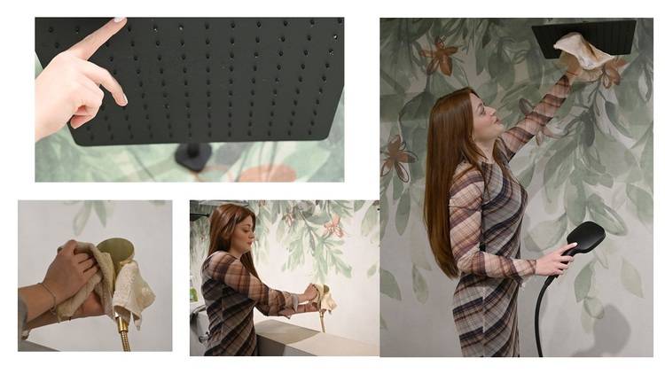 Gerne! Hier ist ein optimierter, themenrelevanter ALT-Text für das beschriebene Bild, angepasst an die Zielgruppe und den Kontext von haustec.de: Optimierter ALT-Text: „Fachkraft reinigt eine moderne schwarze Regendusche mit einem Mikrofasertuch – Detailansicht der Wasserhahnkomponenten und Gesamtaufnahme im Badezimmer. Schwerpunkt auf hygienischer Wartung und Oberflächenpflege in sanitärtechnischen Anlagen.“ Möchtest du einen noch spezifischen Branchenbezug, zum Beispiel hinsichtlich Werkstoffe oder Reinigungsrichtlinien?.